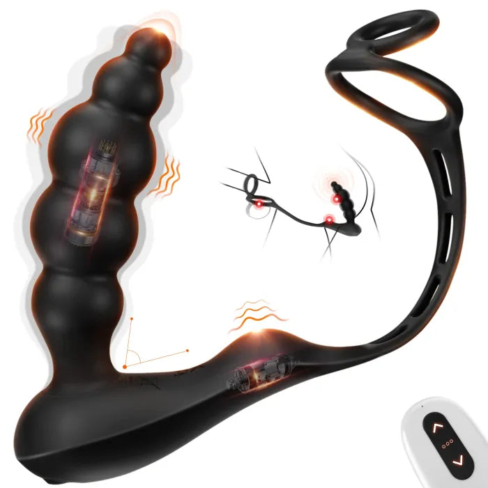 Male Prostate Massager with Dual Penis Rings 5 Graduated Anal Beads Anal Plug Sex Toy for Man