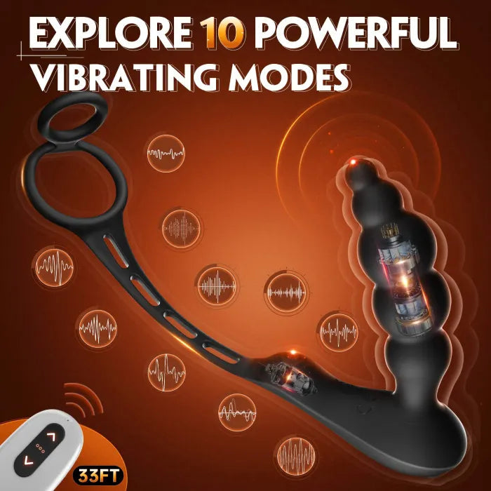 Male Prostate Massager with Dual Penis Rings 5 Graduated Anal Beads Anal Plug Sex Toy for Man