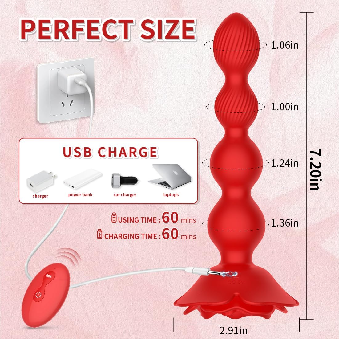 Vibrating Anal Beads Rotating Anal Vibrator Remote Prostate Massager with Rose Base Sex Toy